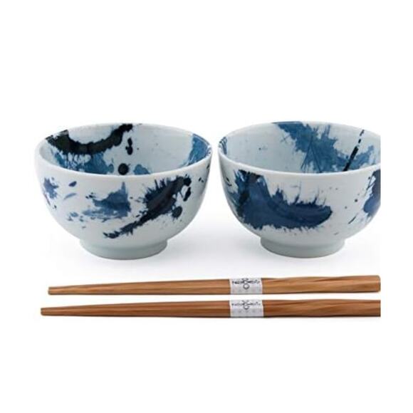 Ebros Blue Splash Paint Abstract Art Design Porcelain Bowls Bamboo Chopstick Set - Picture 3 of 4
